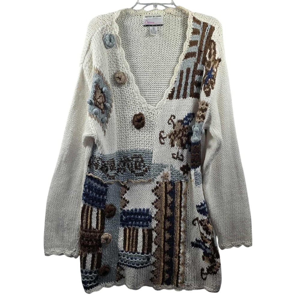 Diana Knitted By Hand Sweater Embroidered Grannycore Floral‎ White Women's 14/16